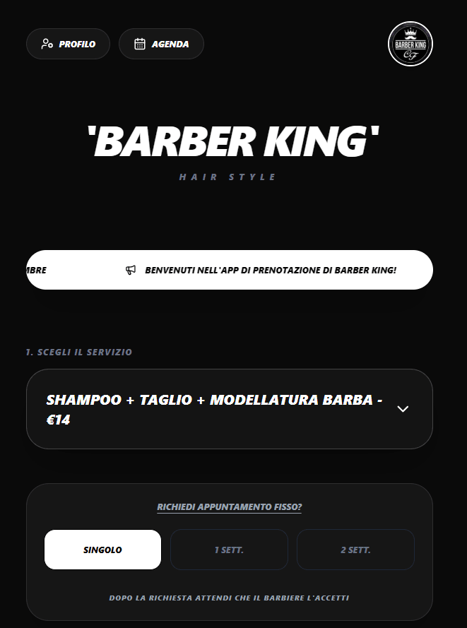 Schermata Mobile Barber King: Selezione Servizio